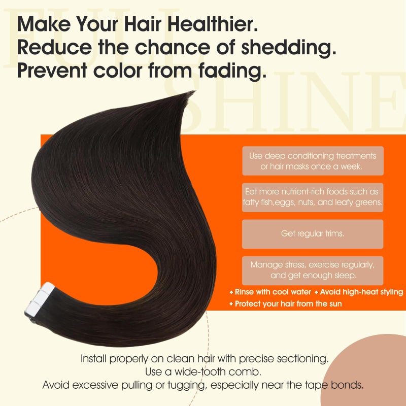 Full Shine Tape in Hair Extensions Human Hair Darkest Brown 24 Inch Seamless Tape in Extensions Brazilian Remy Hair Skin Weft Hair 20 Pieces 50 Grams Color 2 Glue Human Hair Extensions for Wedding - Image 3